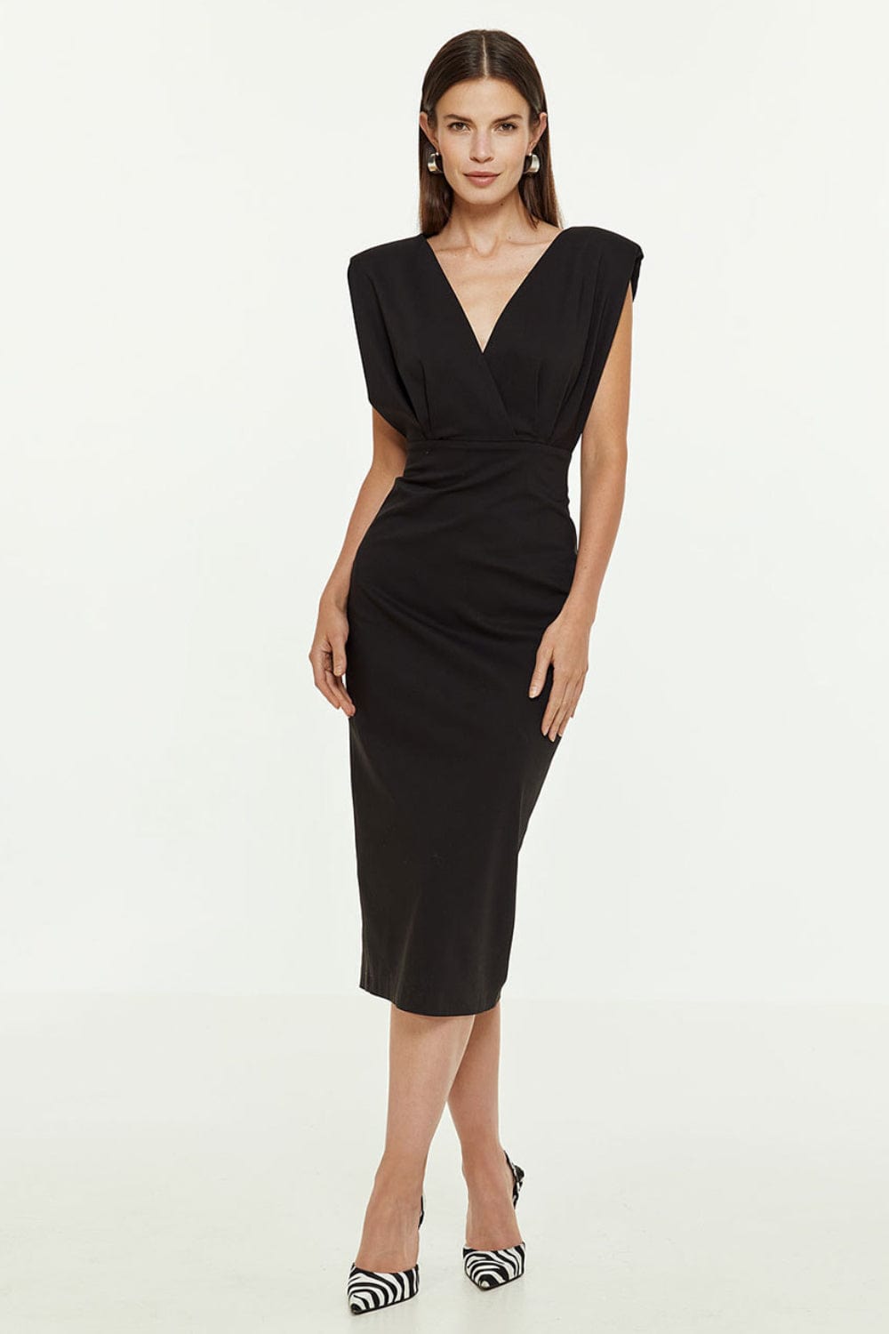 Access - Vestido Midi Lápis com Decote em V Preto