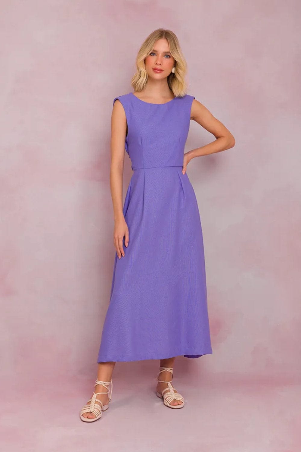 Lalibela - Vestido Midi com Amarração Viscolinho Lilas
