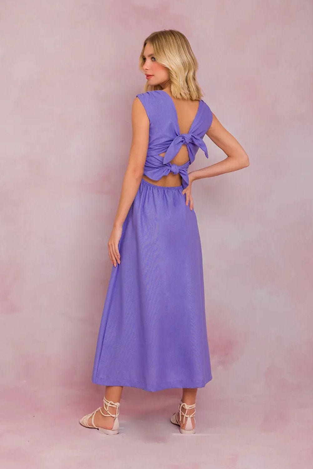 Lalibela - Vestido Midi com Amarração Viscolinho Lilas