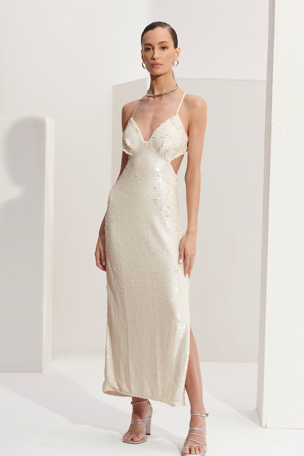 L'Cecci - Vestido Midi em Paetês Off White