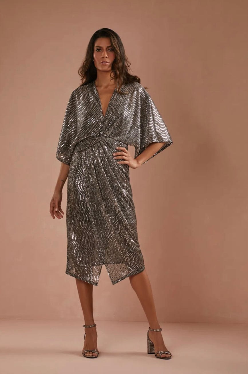 Dolps - Vestido Midi Paetês Alfa Prata