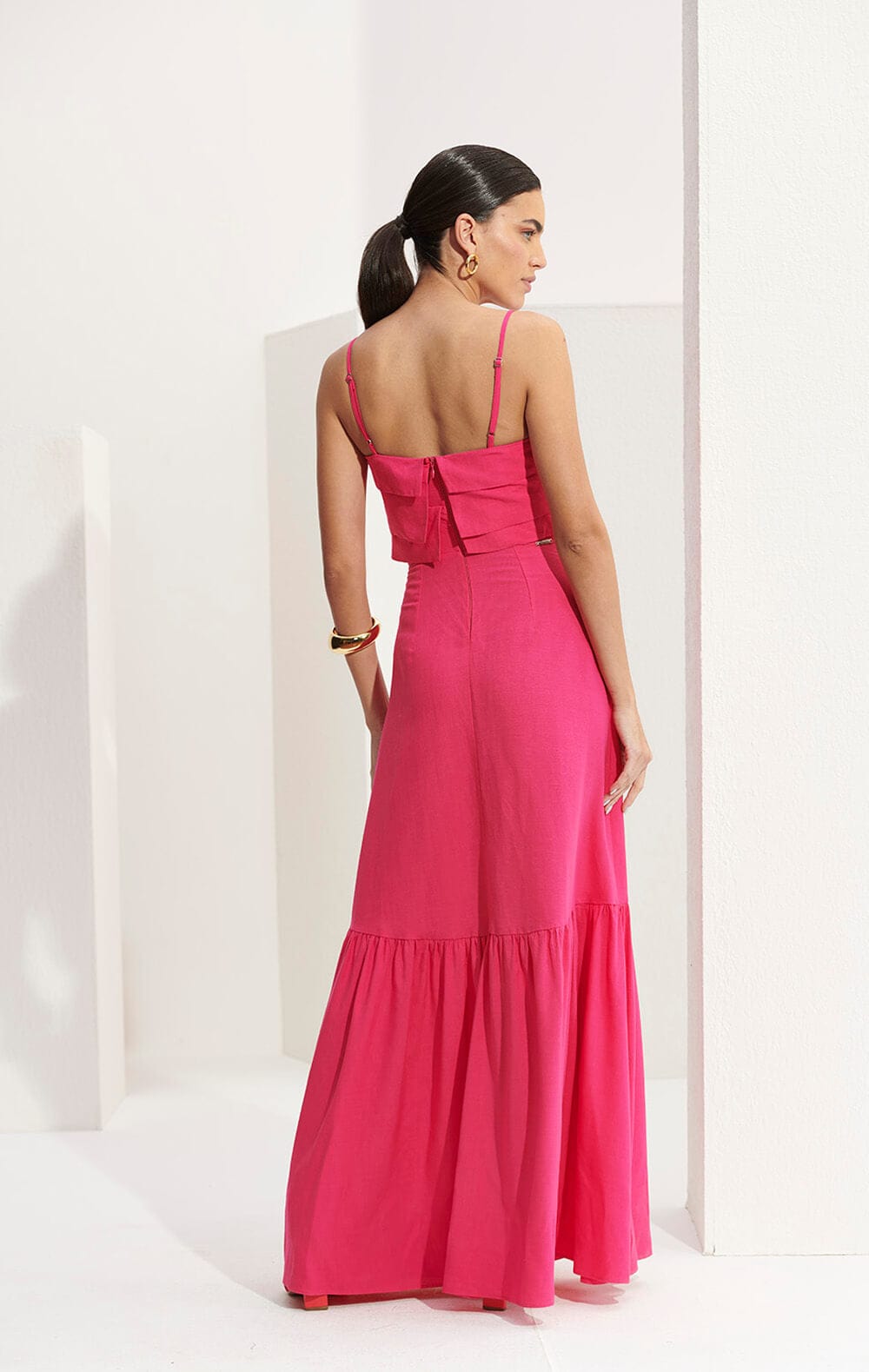 L'Cecci - Vestido Longo Alça Fina Viscolinho Rosa