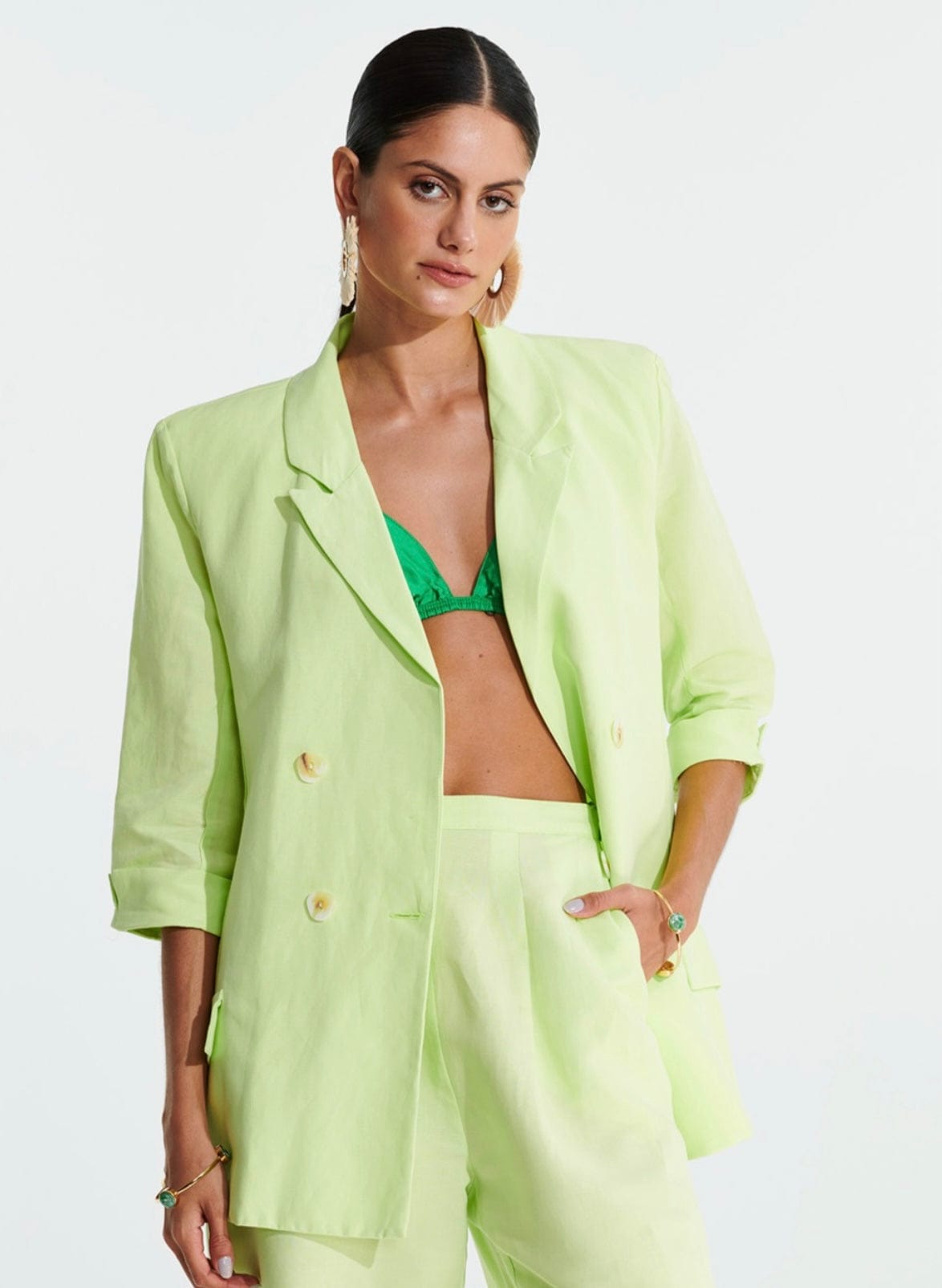 L'Cecci - Blazer Alongado com Lapelas Viscolinho Verde