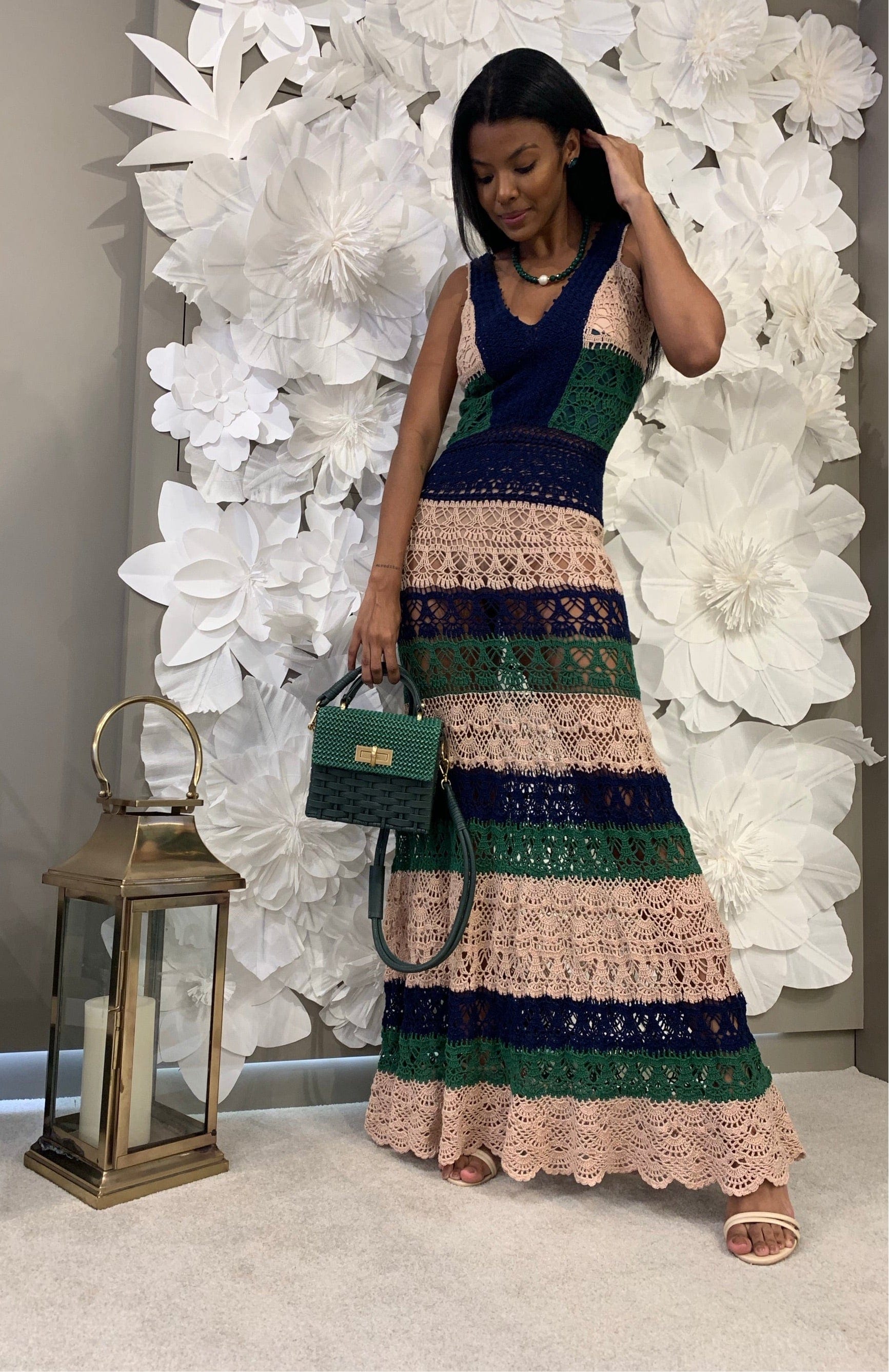 Club - Vestido Longo sem Manga de Crochet Tricolor