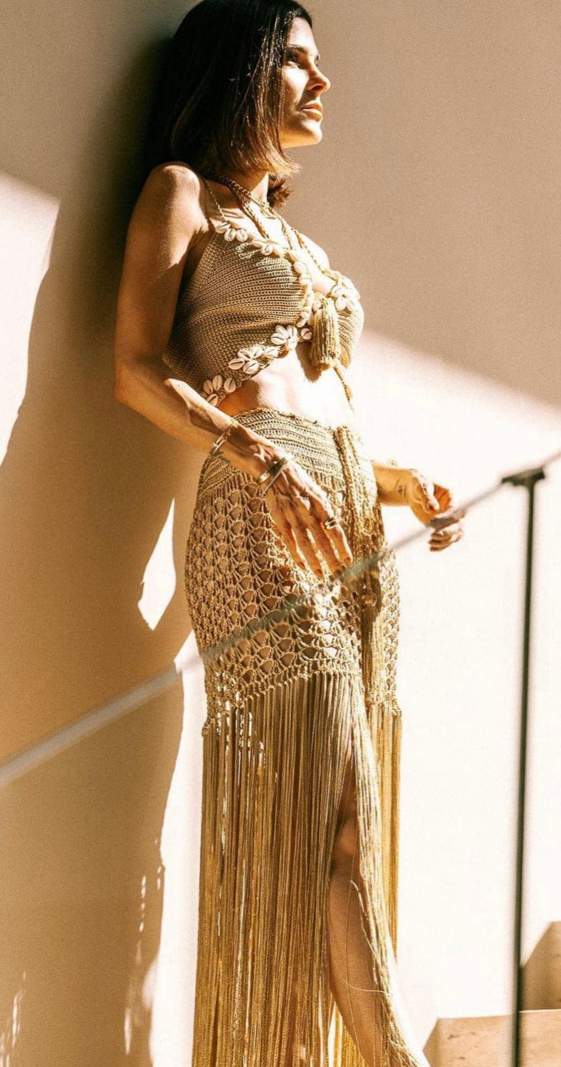 Club - Conjunto Saia e Cropped de Crochet com Búzios Dourado