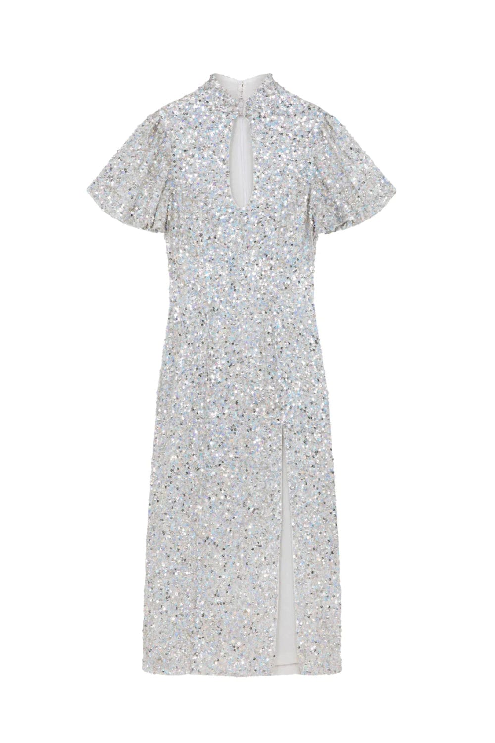 Ilta - Vestido Midi com Manga Fenda Paetês Venus Prata