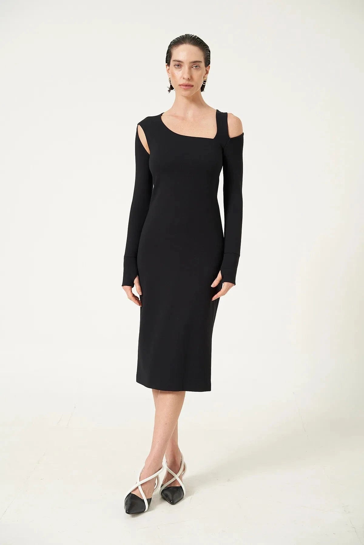 Glória Coelho - Vestido Midi Recortes Manga Longa Preto