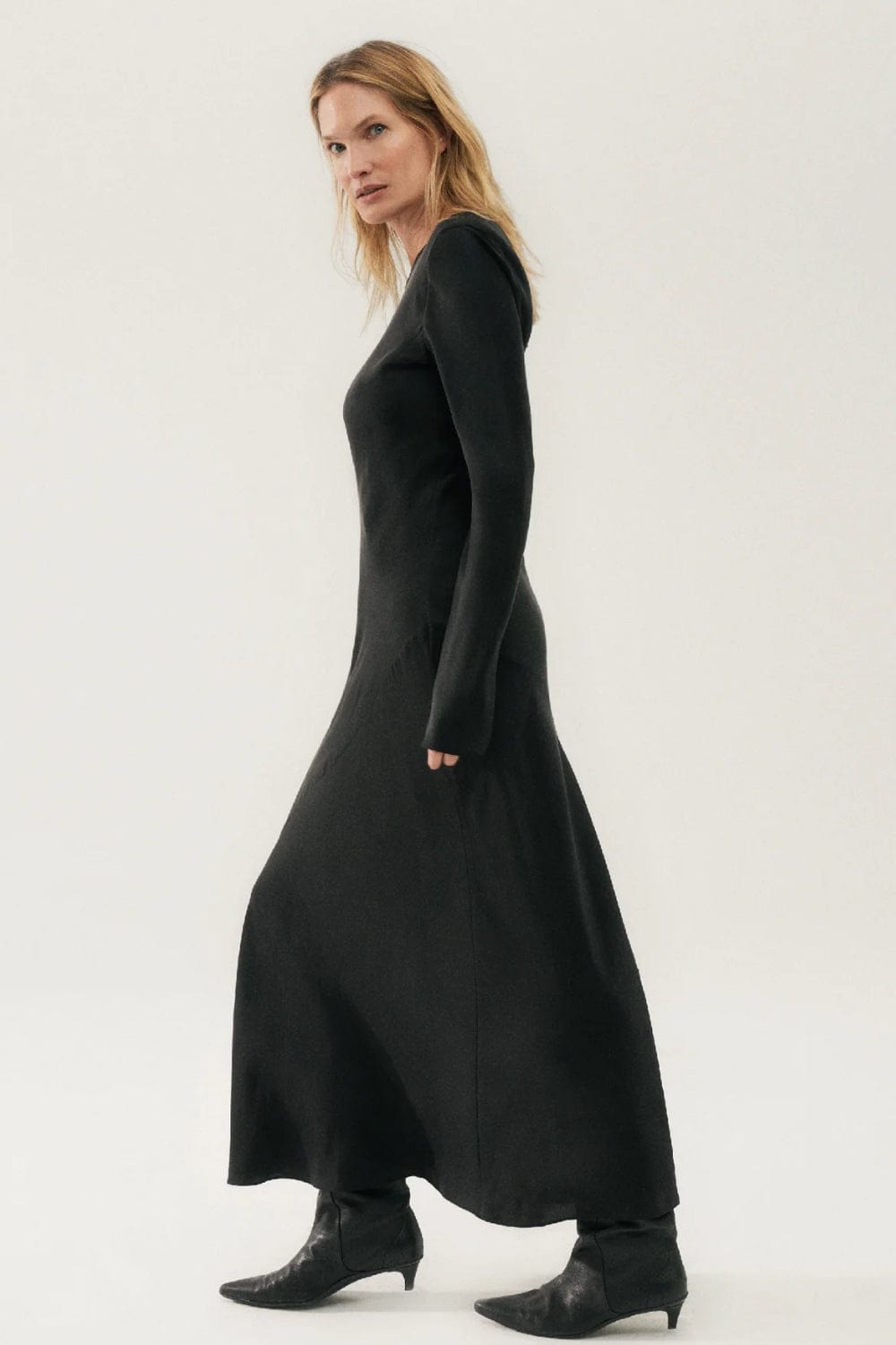 Silk Laundry - Vestido Longo Seda Manga Longa Preto