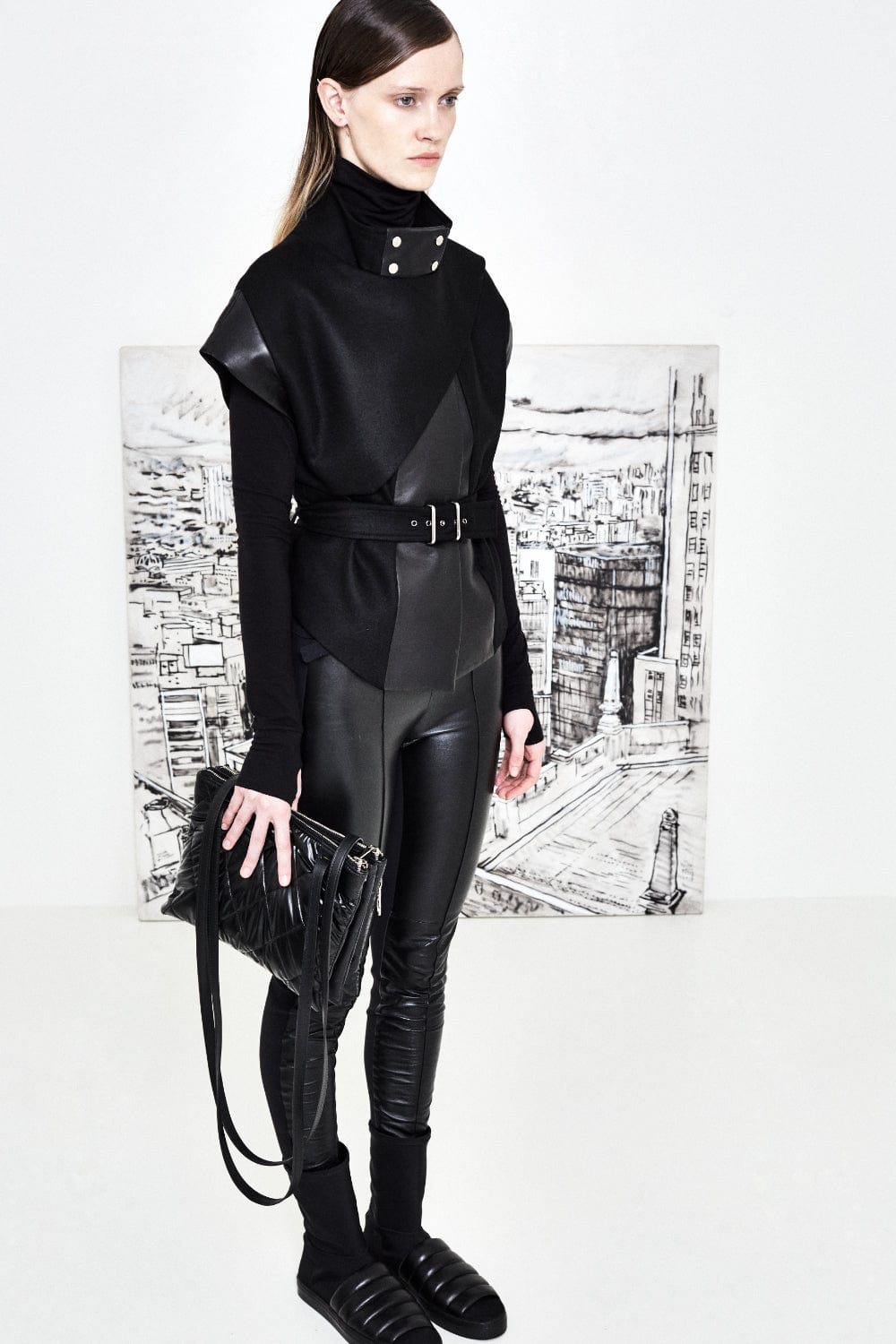 Glória Coelho - Colete de Lã Fria com Couro Preto