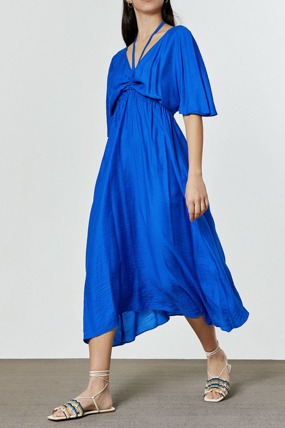 Access - Vestido Midi Franzido Frontal Azul