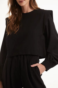 Canal - Blusa Manga Longa Ombreira Recorte Twill Preto