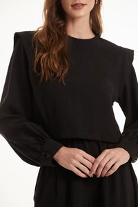 Canal - Blusa Manga Longa Ombreira Recorte Twill Preto