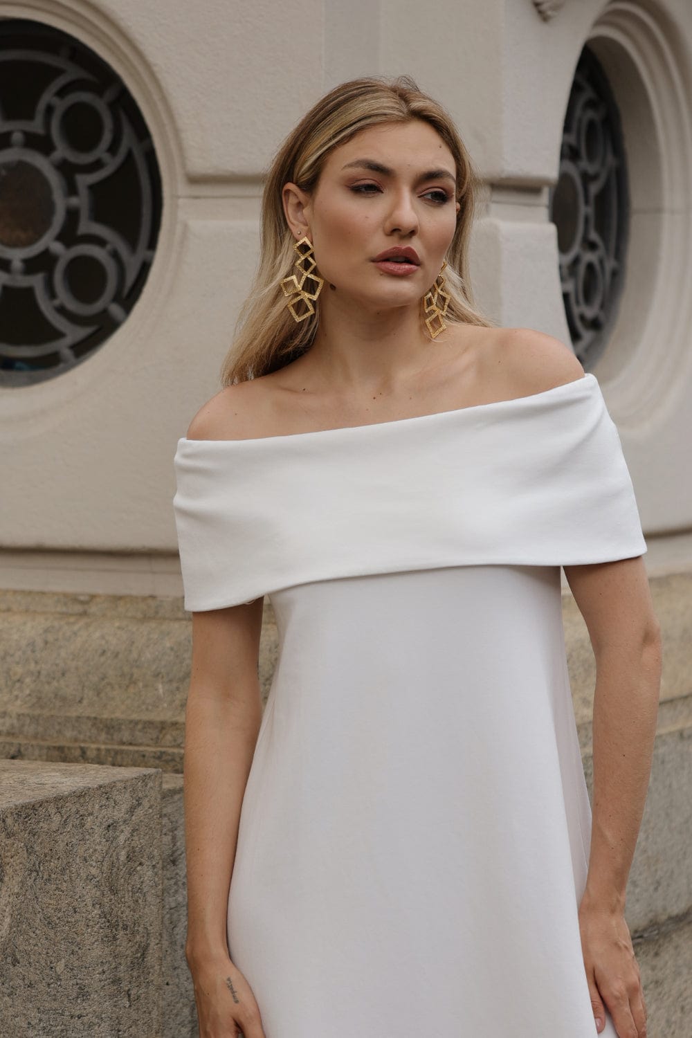 Glória Coelho - Vestido Midi Ombro a Ombro Malha V2188 Off White