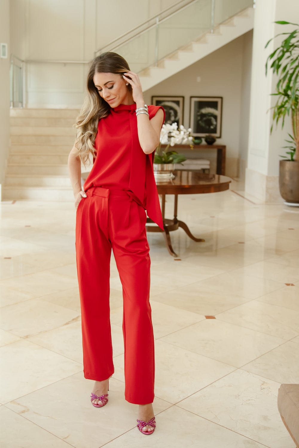 Viviane Furrier - Blusa sem Manga Gola Echarpe Traction Vermelho