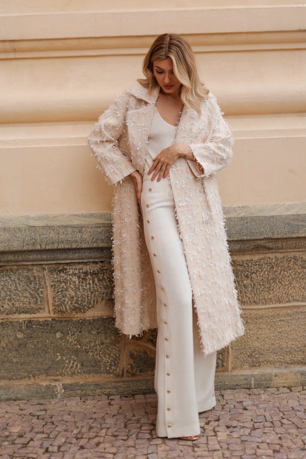 Edward Achour Paris - Sobretudo Tweed Bege Botões Swarovski