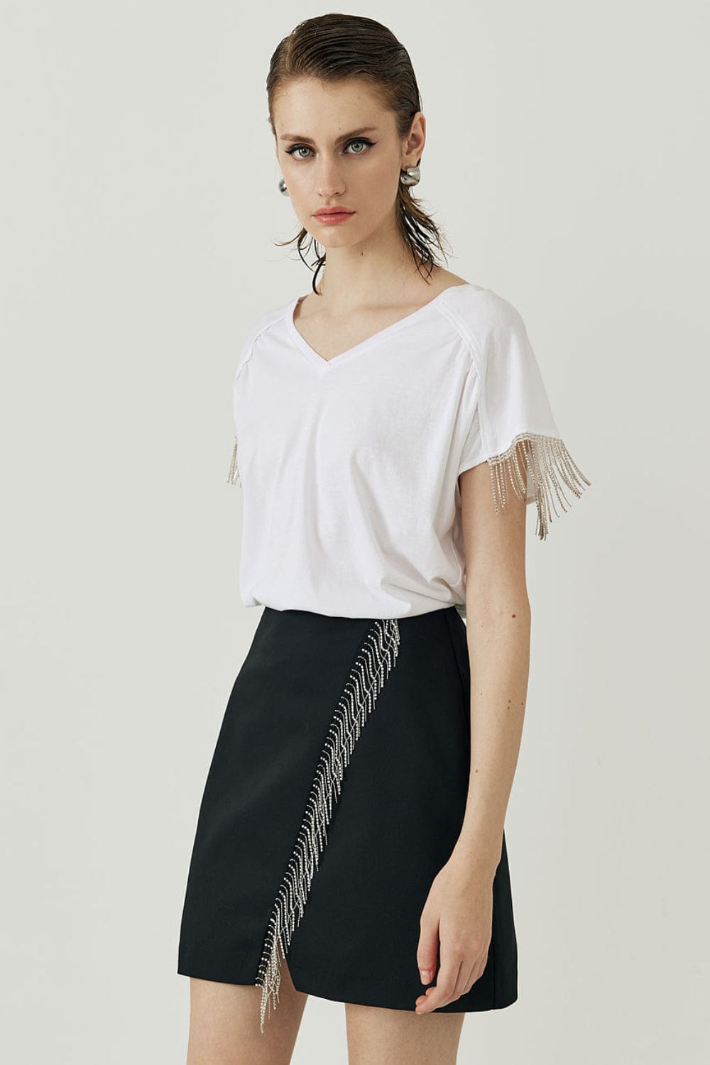 Access - Saia Curta Envelope com Franjas de Strass Preto