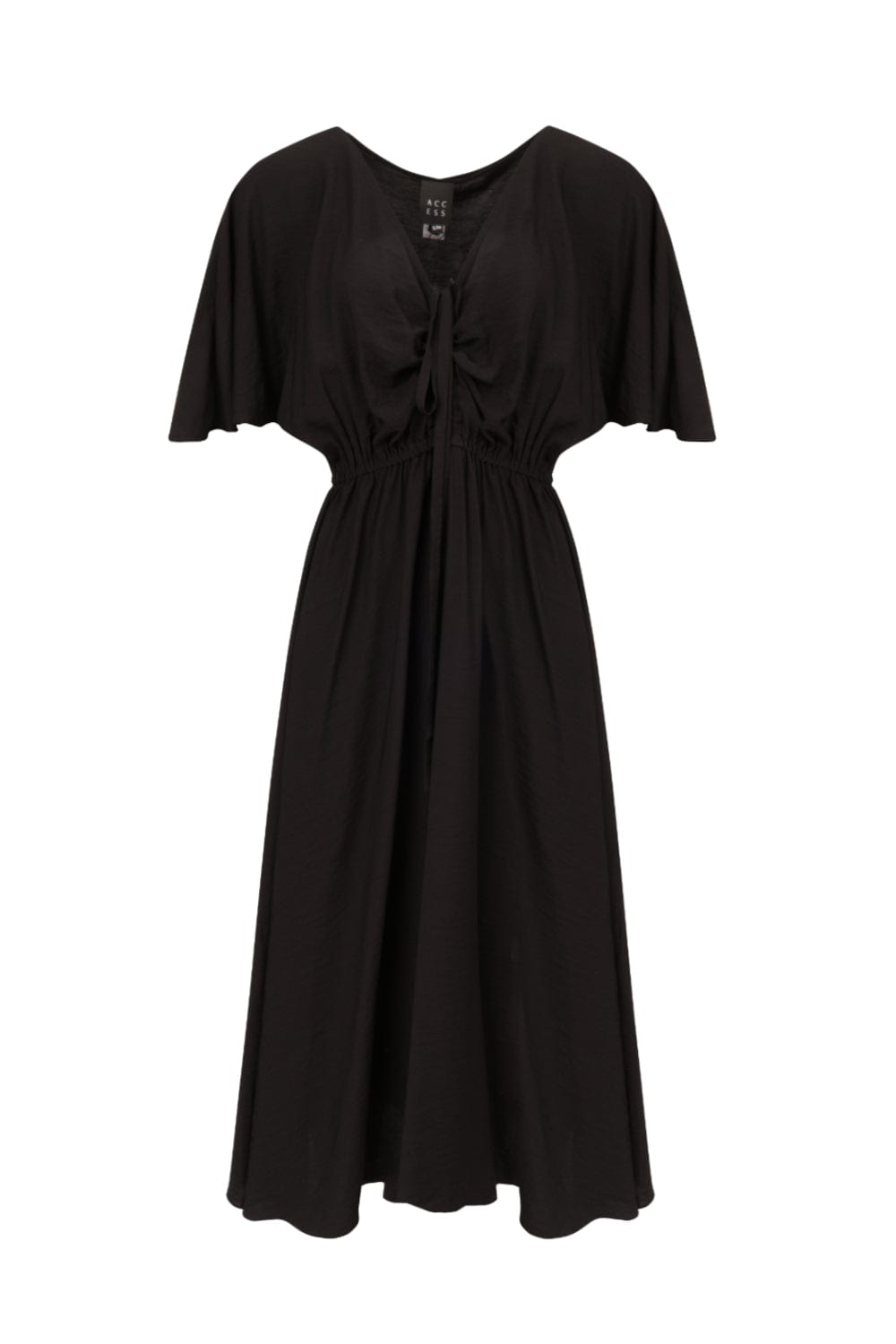 Access - Vestido Midi Franzido Frontal em Rayon Preto