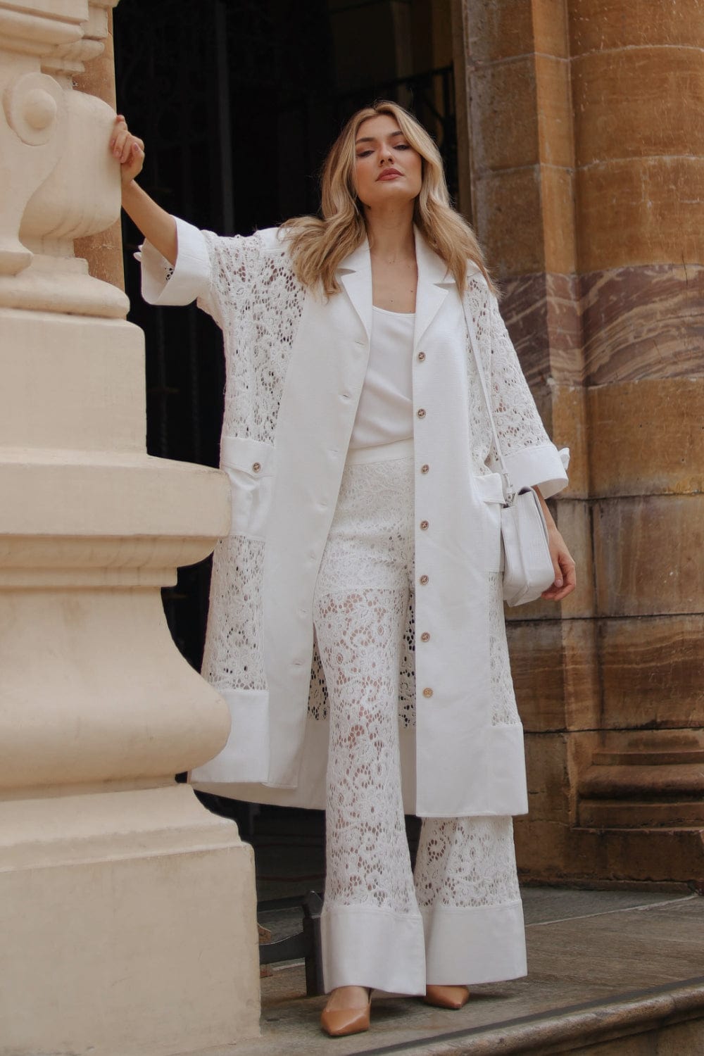 Edward Achour Paris - Calça Pantalona Renda Off White