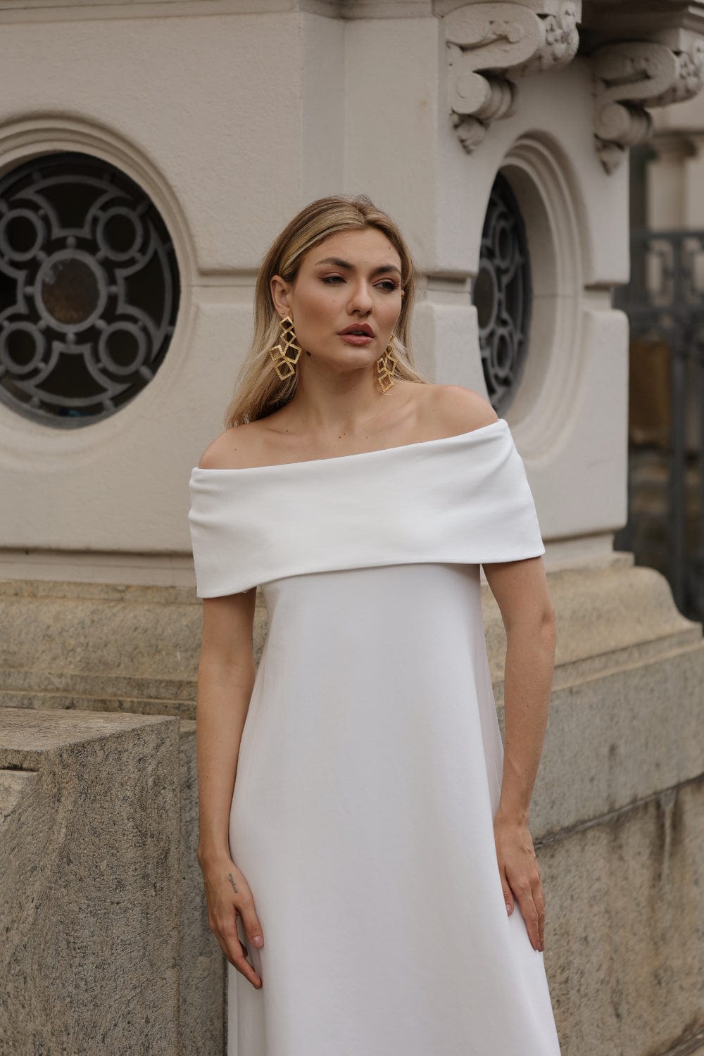 Glória Coelho - Vestido Midi Ombro a Ombro Malha V2188 Off White