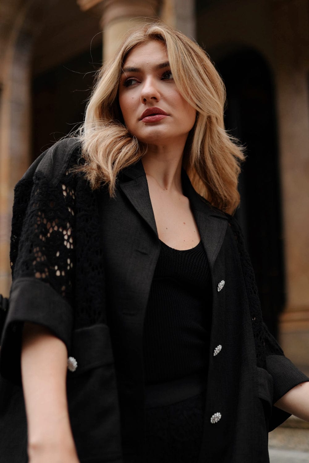 Edward Achour Paris - Blazer Renda Preto Botões Swarovski