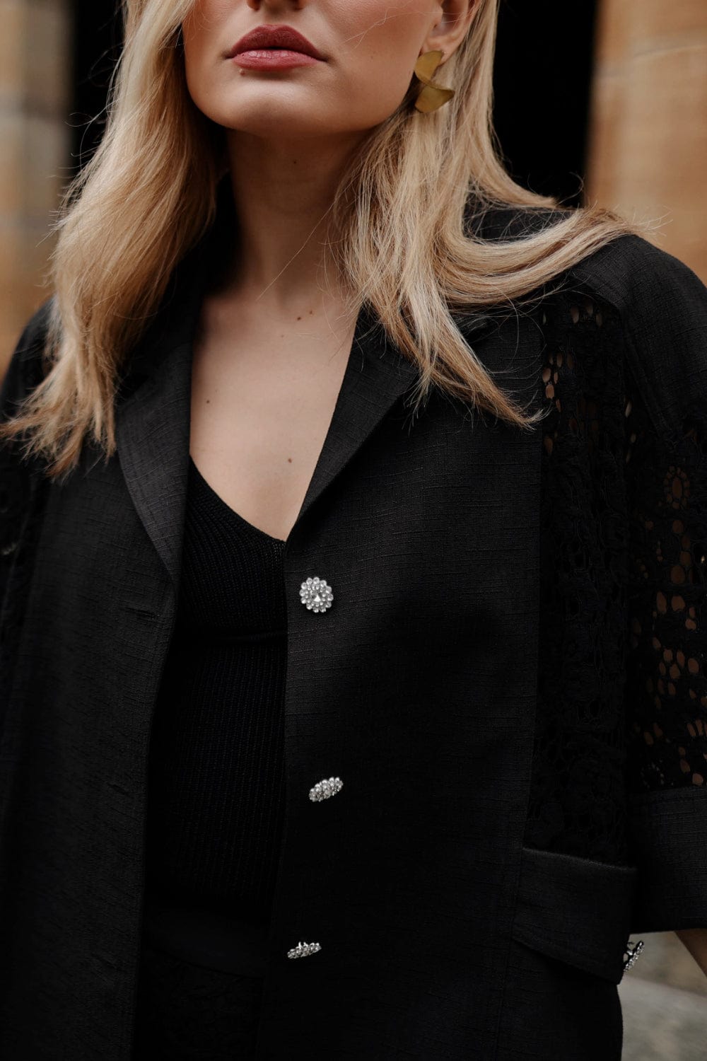 Edward Achour Paris - Blazer Renda Preto Botões Swarovski