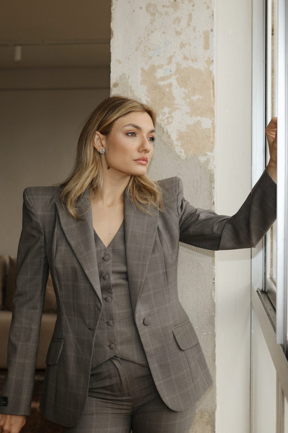 M Marquise - Colete  em Lã Virgem Siena  Xadrez Cinza