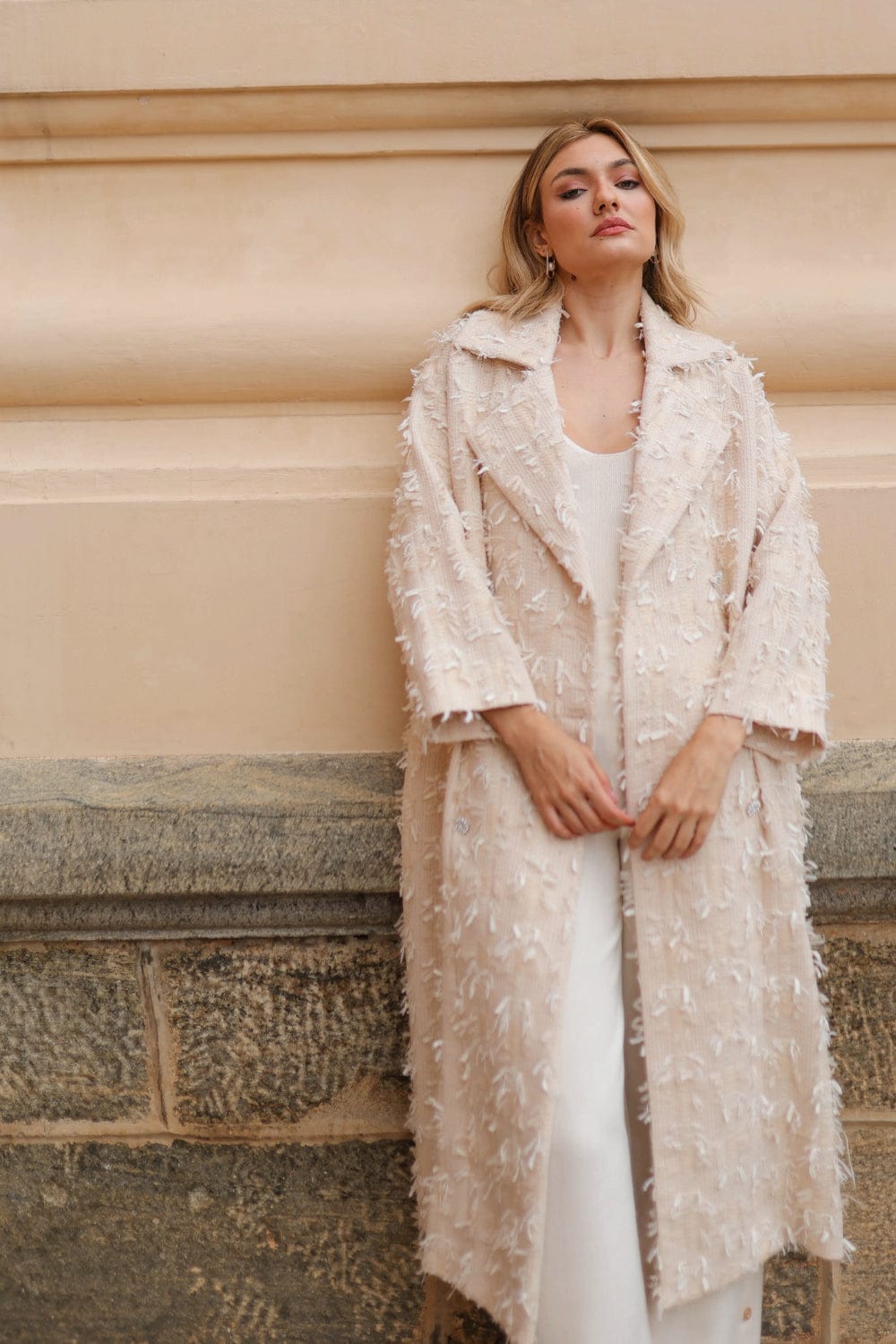 Edward Achour Paris - Sobretudo Tweed Bege Botões Swarovski