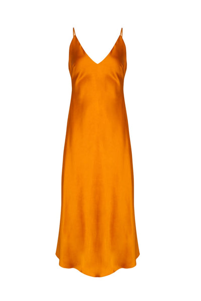 Ilta - Vestido Midi Alça Fina Slip Seda Laranja