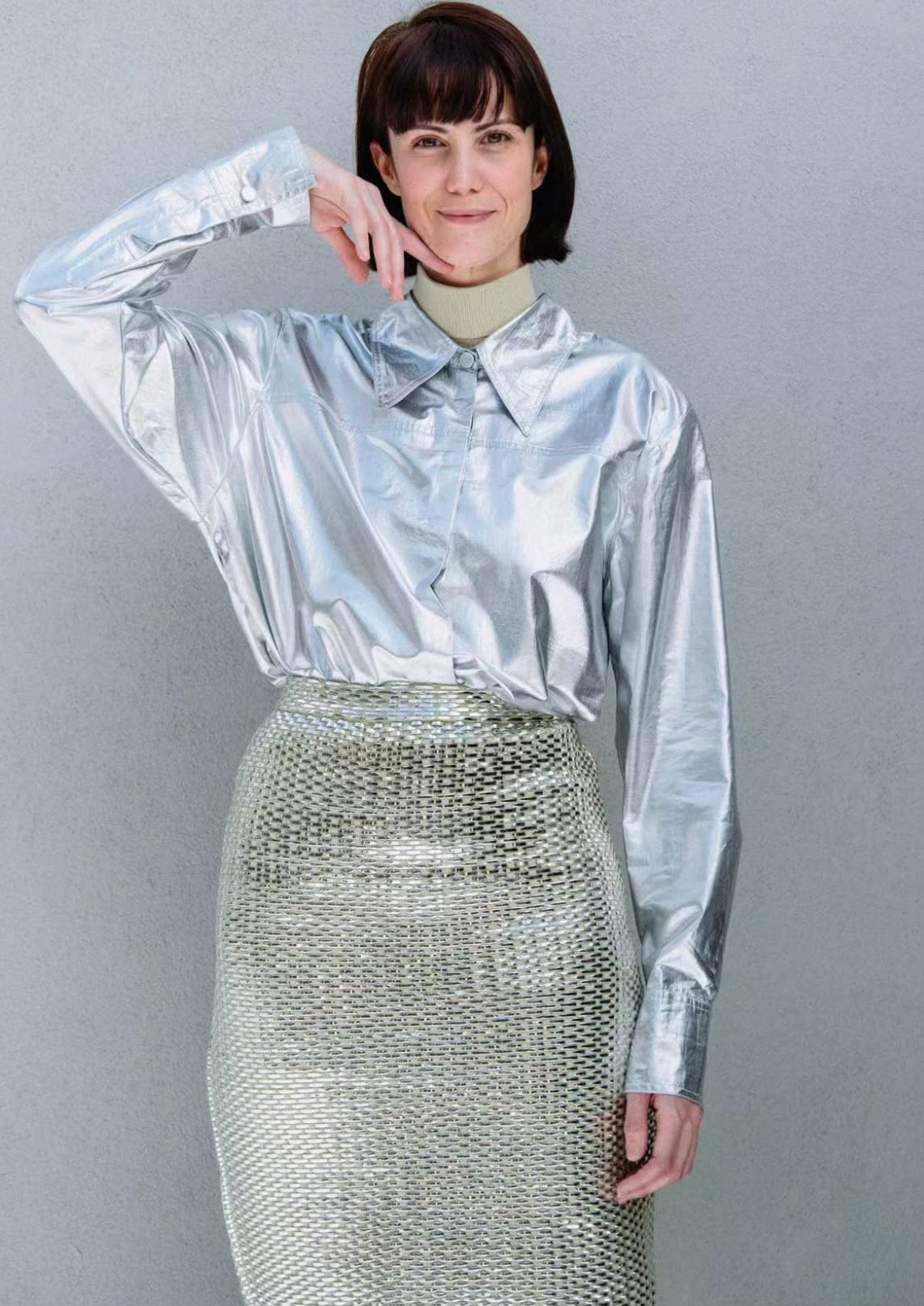 Coven - Camisa Manga Longa de Algodão Metalizado com Gola de Tricot