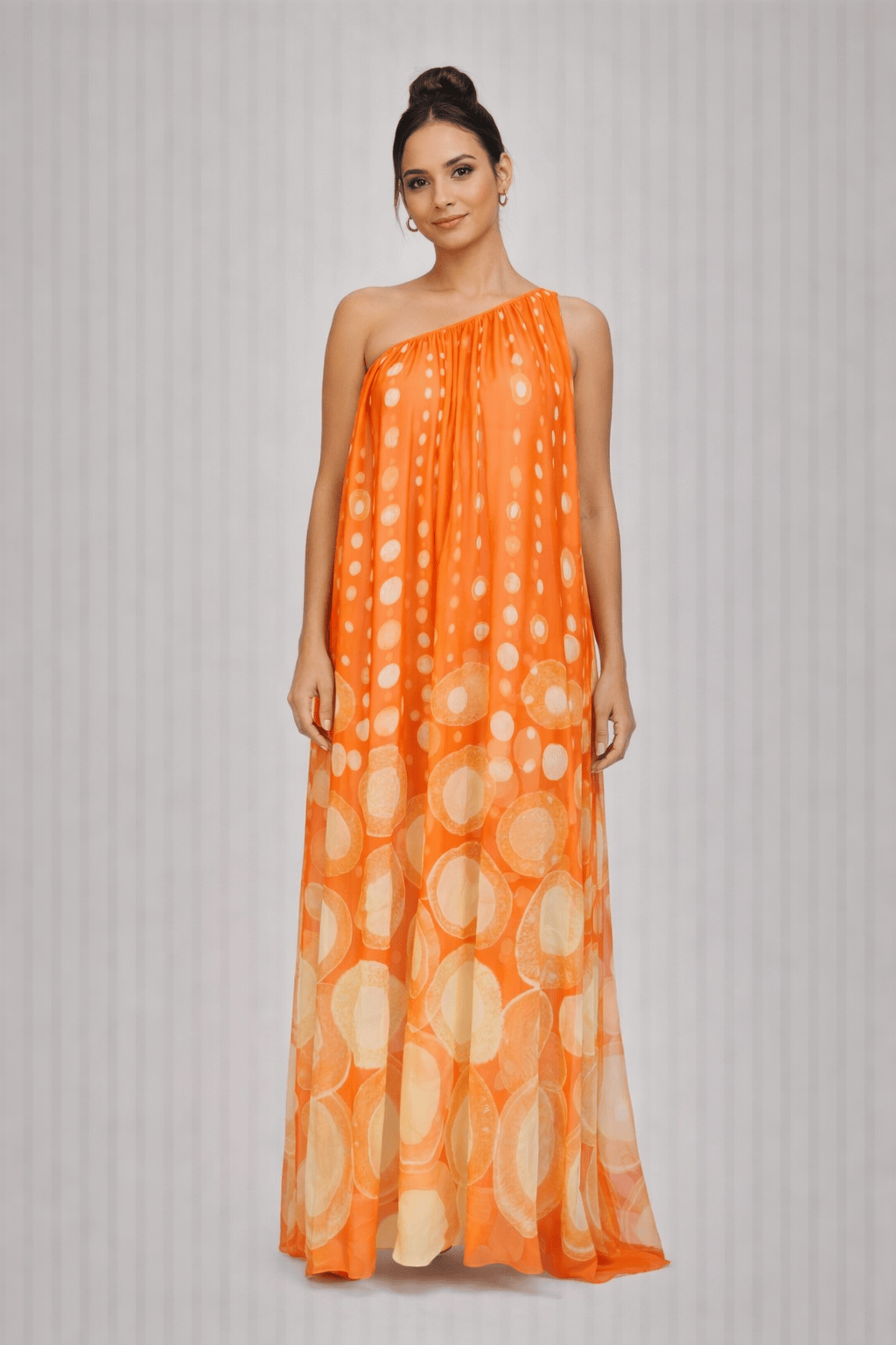 Yukio - Vestido Longo Ombro So Seda Bubble Laranja