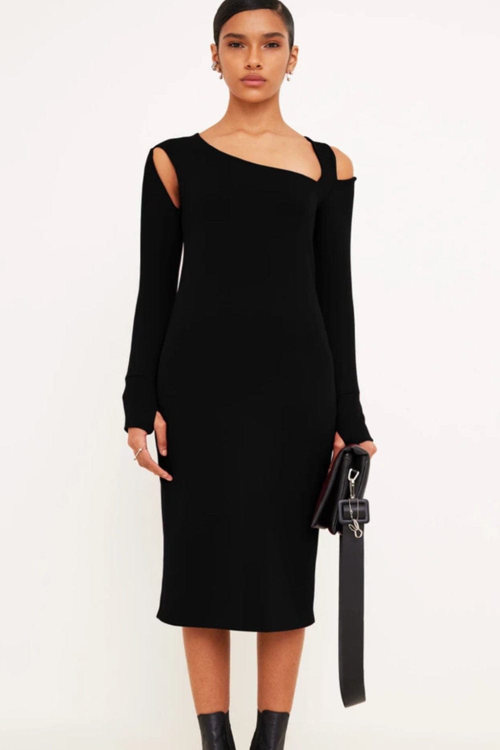 Glória Coelho - Vestido Midi Recortes Manga Longa Preto