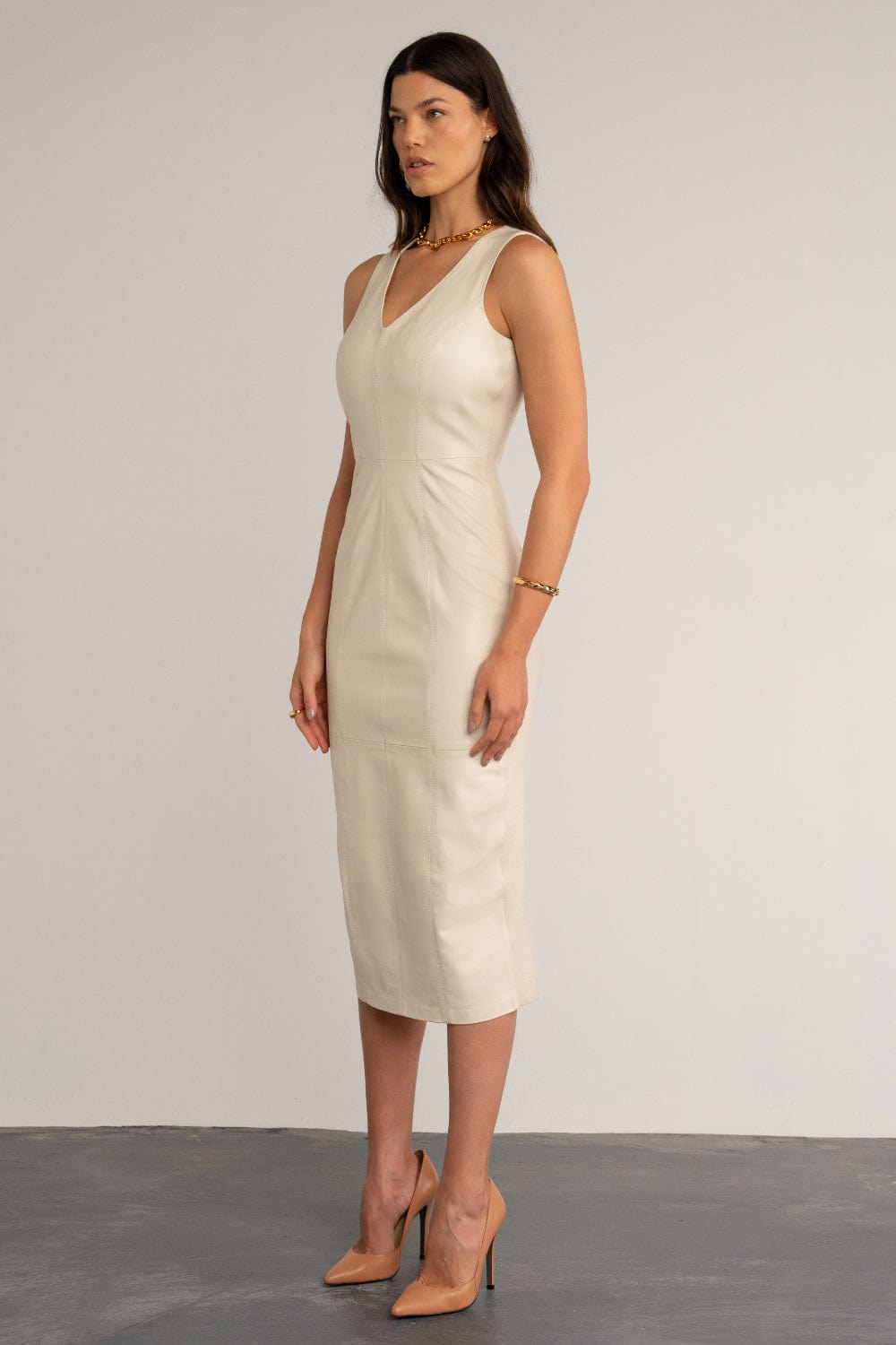 Madre Reina - Vestido Midi Tricot com Couro Luiza Off White