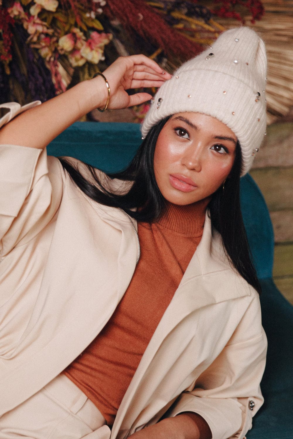 Alex Max  - Gorro de Lã com Cristais Swarovski Bege