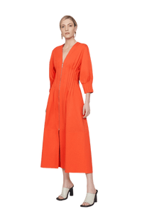 Coven - Vestido Midi Algodão Pregas Laranja