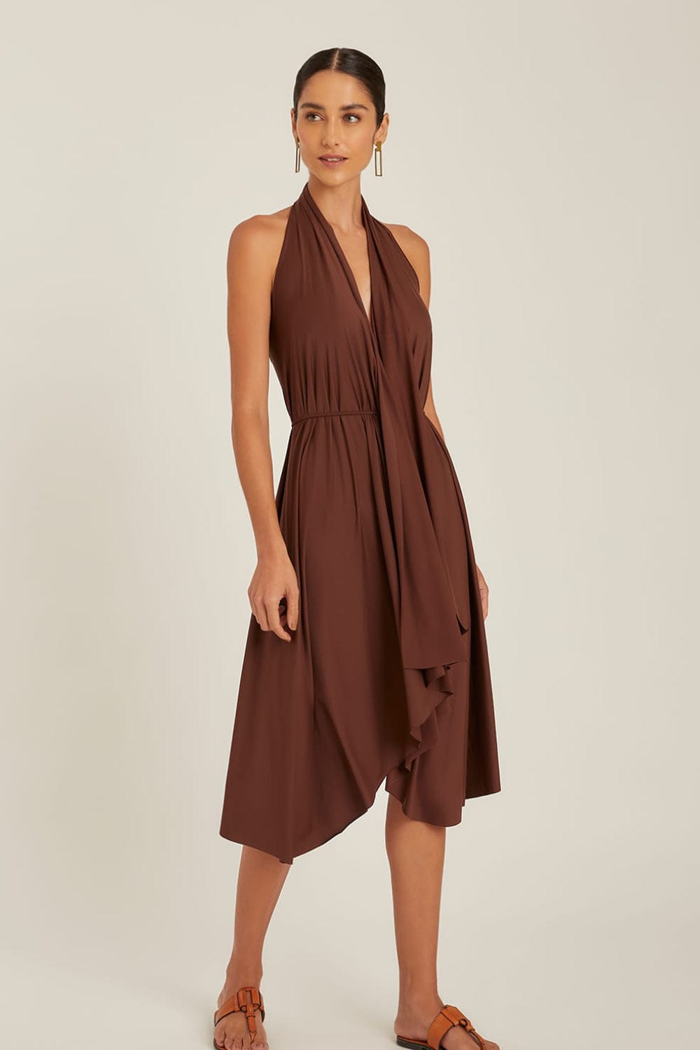 Lenny Niemeyer - Vestido Midi Saída Sobreposição Marrom Café