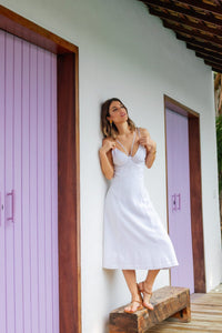 Lalibela - Vestido Midi Alças Duplas Viscolinho Branco