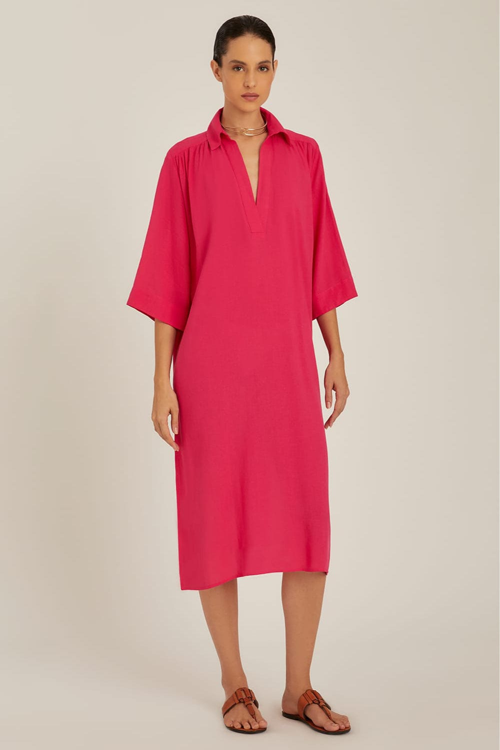 Lenny Niemeyer - Vestido Midi Manga Curta Viscolinho Franzido Ombro Berry