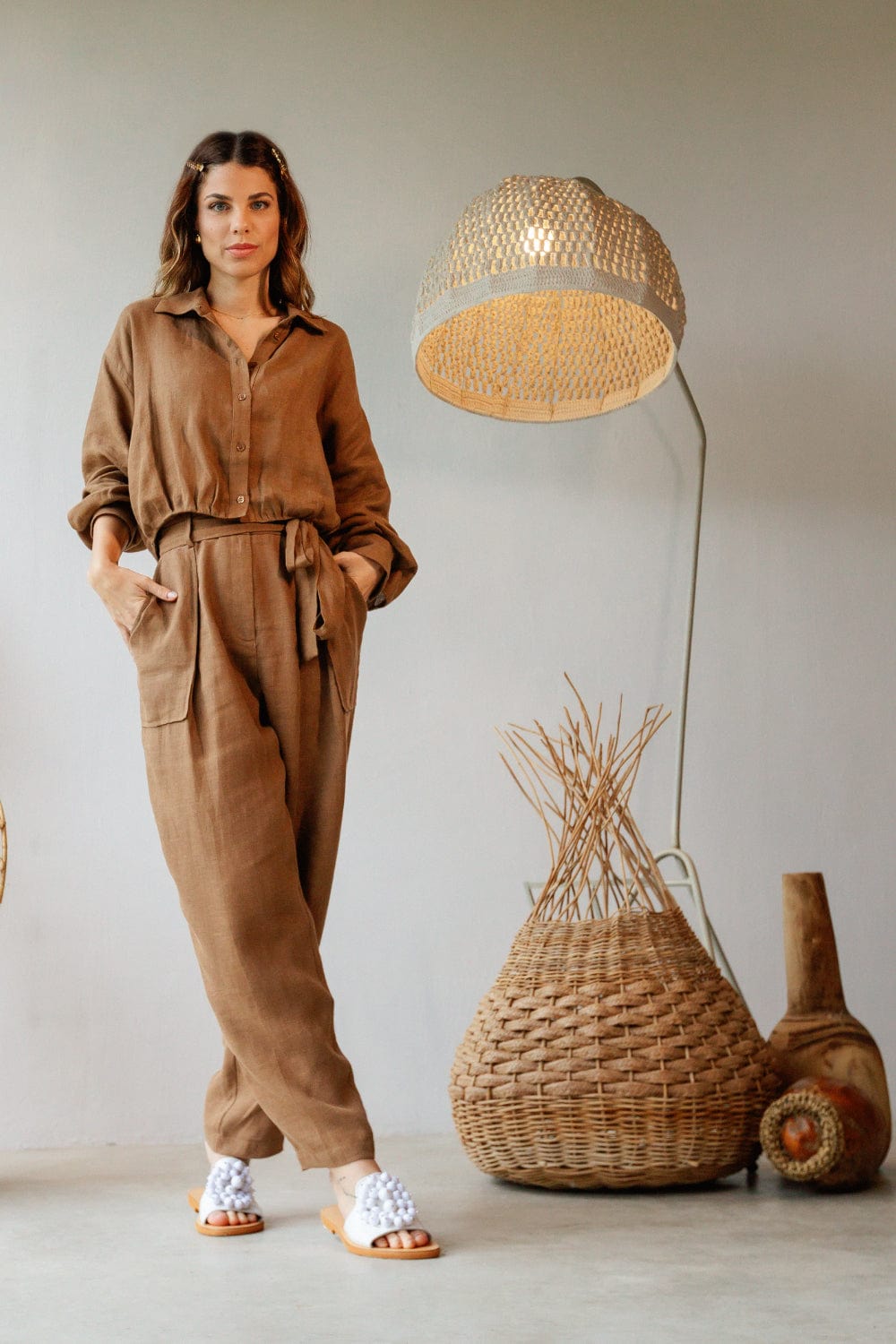 Access - Calça Clochard Linho com Faixa Marrom