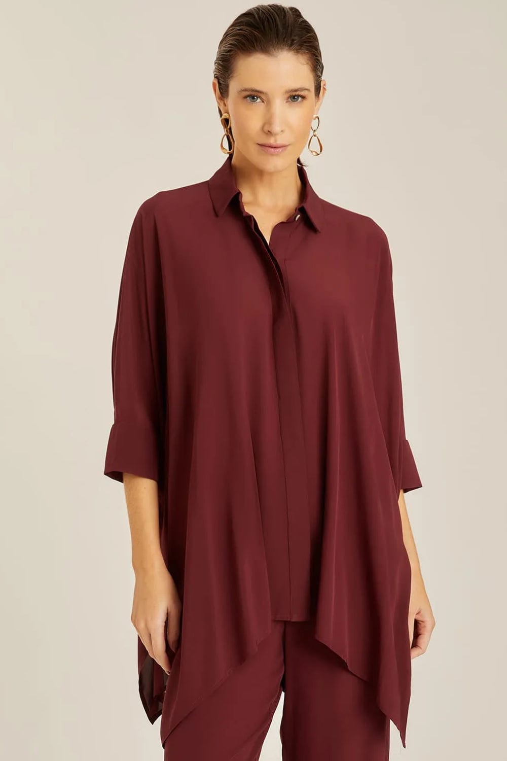 Lenny Niemeyer - Camisa Manga 3/4 Pontas Viscose Vinho