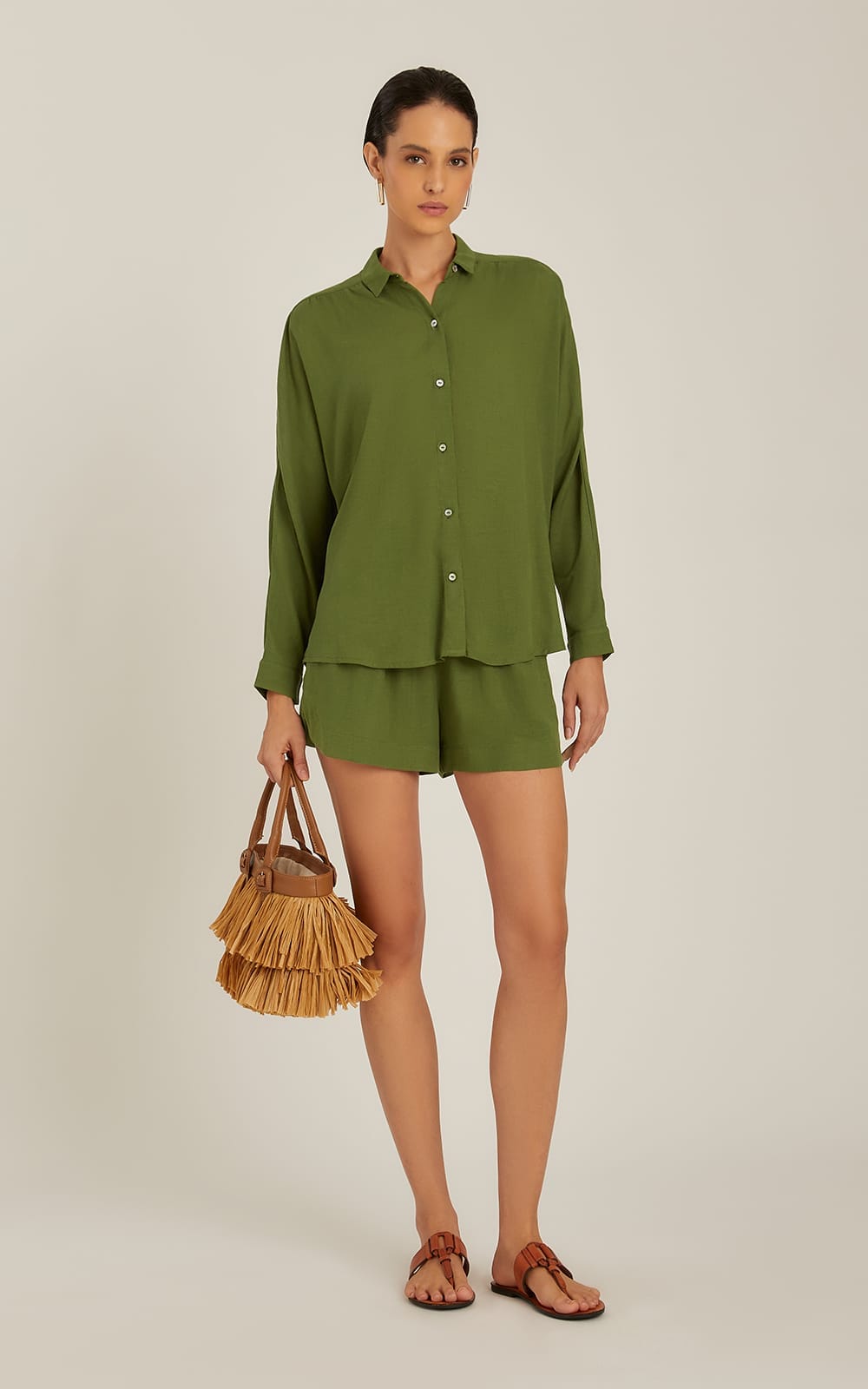 Lenny Niemeyer - Camisa Manga Longa Pala Franzida Viscolinho Verde Cacto