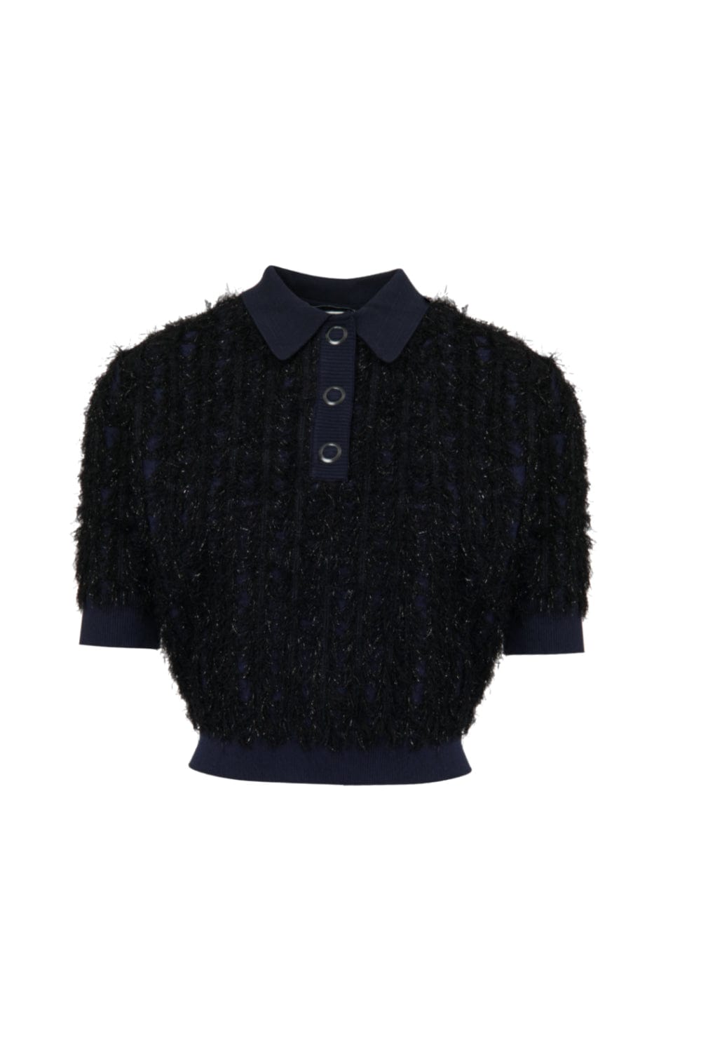 Coven - Blusa Manga Curta Tricot Texturas Franjado Azul Marinho