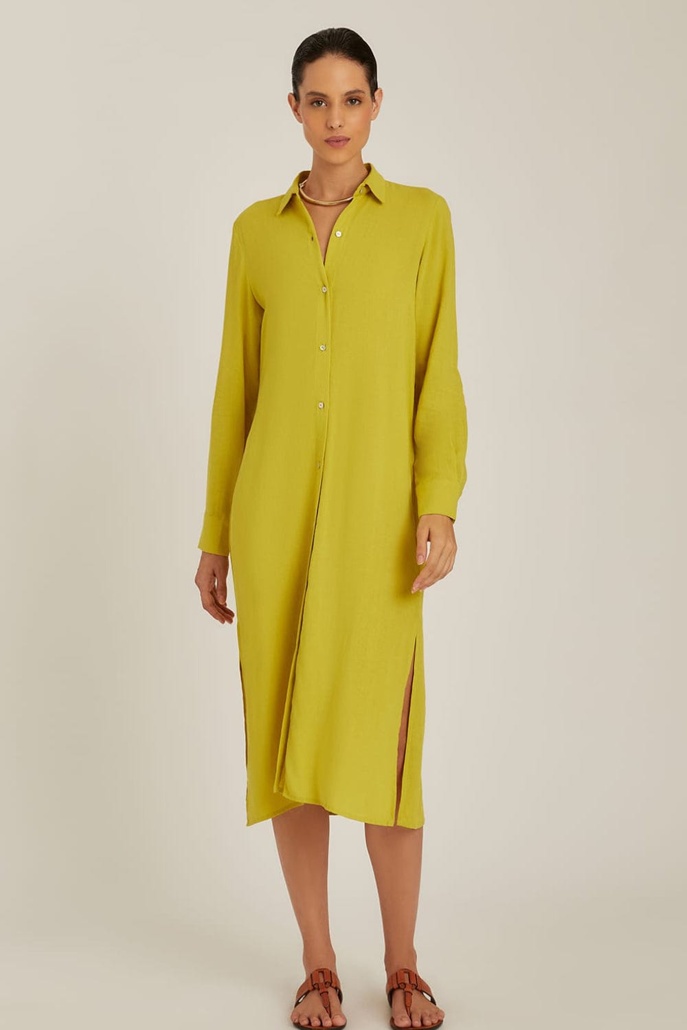 Lenny  Niemeyer - Vestido Chemisier Longo Fenda Lateral Viscolinho Fresh Lima