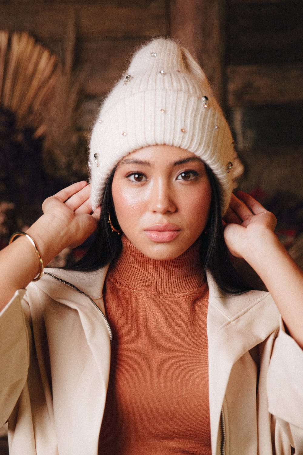 Alex Max  - Gorro de Lã com Cristais Swarovski Bege