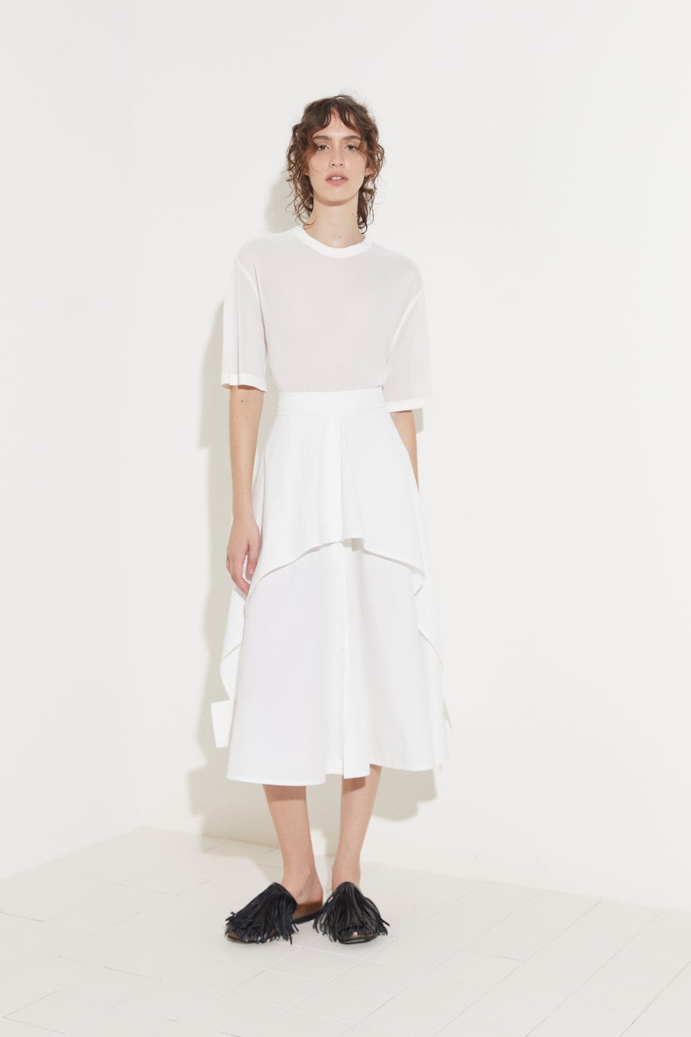 Coven -  Blusa Manga Curta Gola Careca Tricot Organza Branco