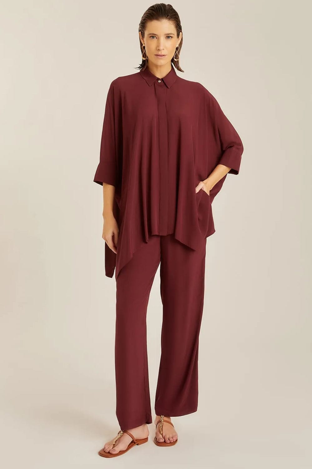 Lenny Niemeyer - Camisa Manga 3/4 Pontas Viscose Vinho