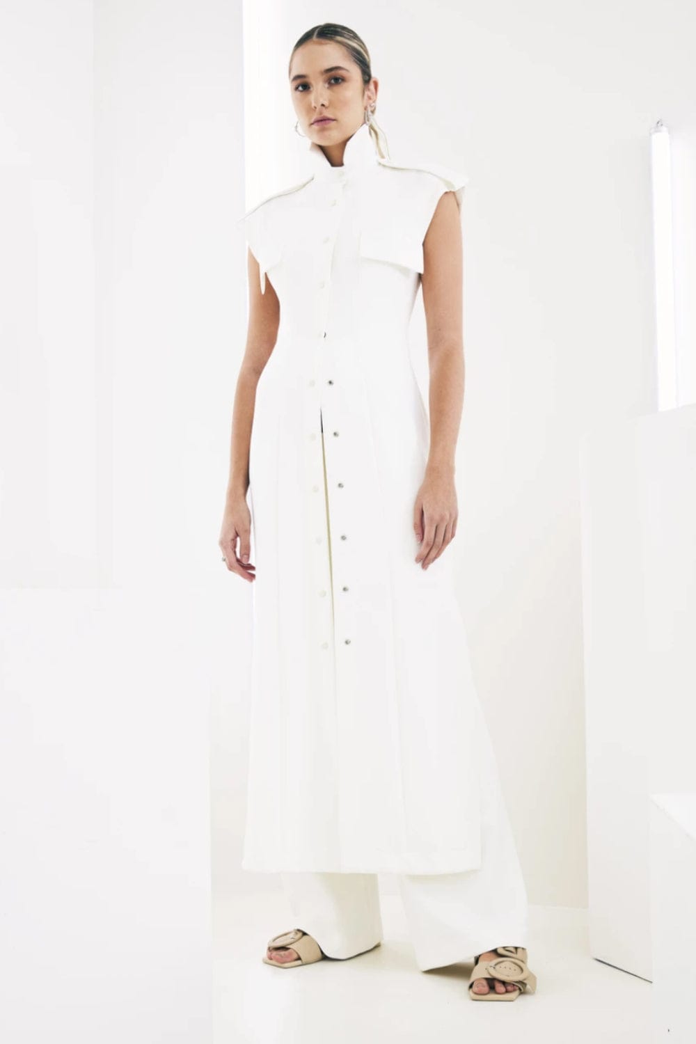 Glória Coelho - Vestido  Chemisier Longo Malha sem Manga Off White