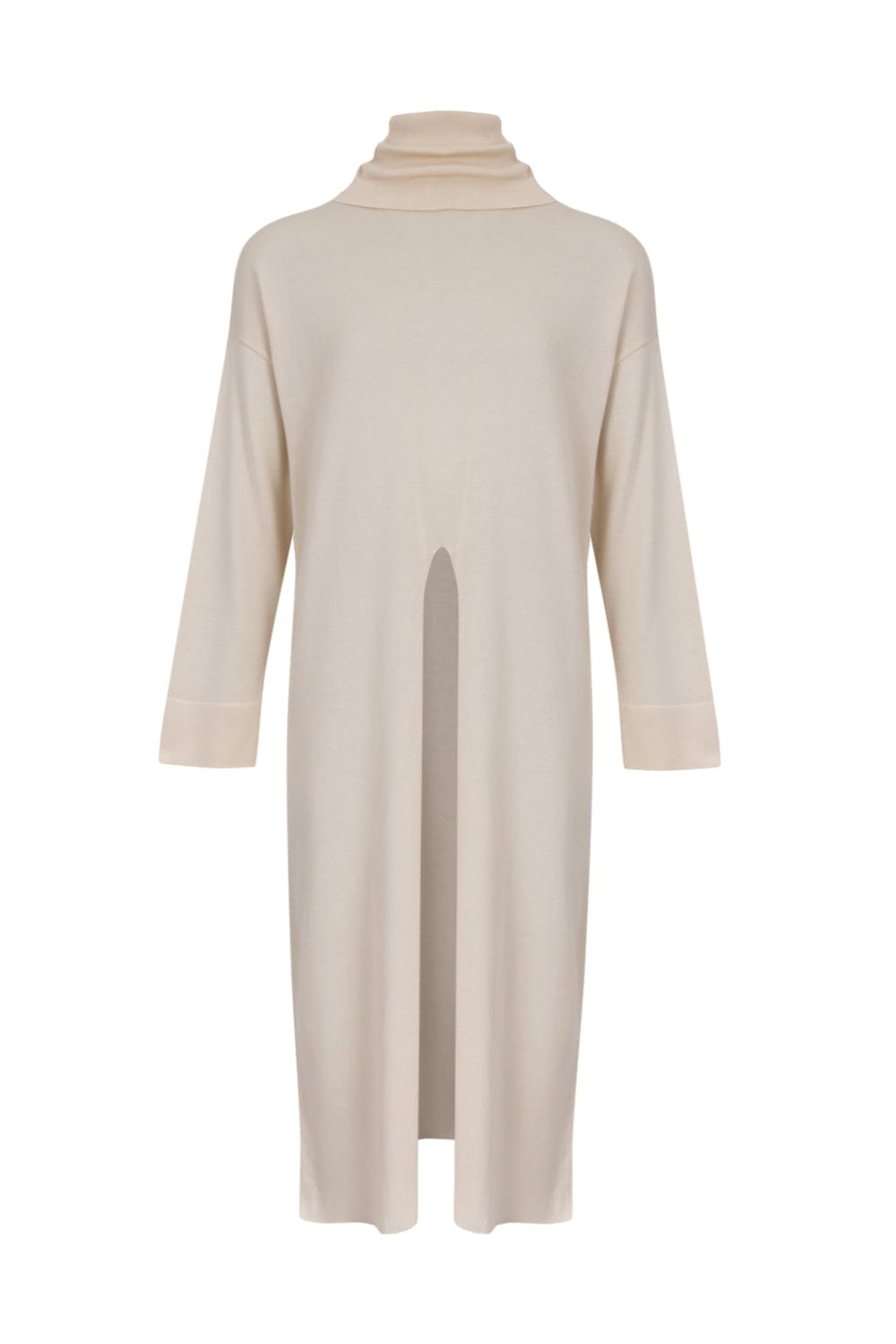 Viviane Furrier - Blusa Manga Longa Gola Alta Fenda Frontal em Tricot Bege Ninive