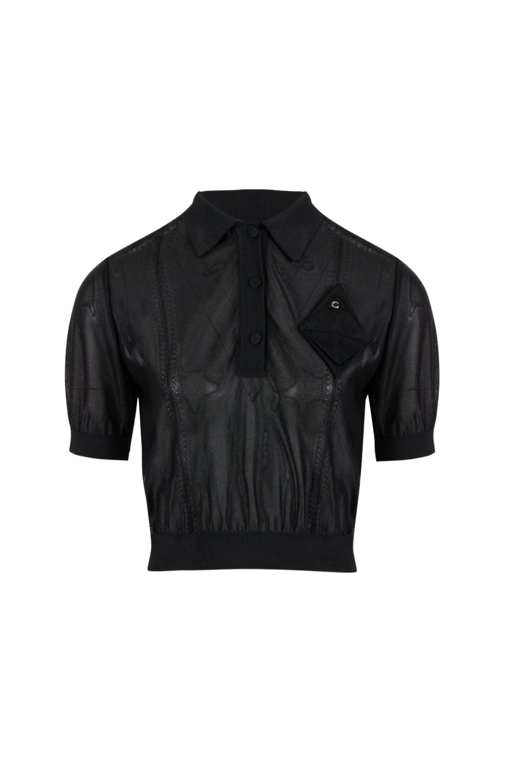 Coven -  Blusa Manga Curta Gola Polo Tricot Organza Preto