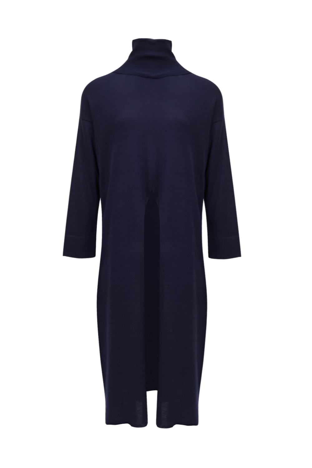 Viviane Furrier - Blusa Manga Longa Gola Alta Fenda Frontal em Tricot Azul Marinho