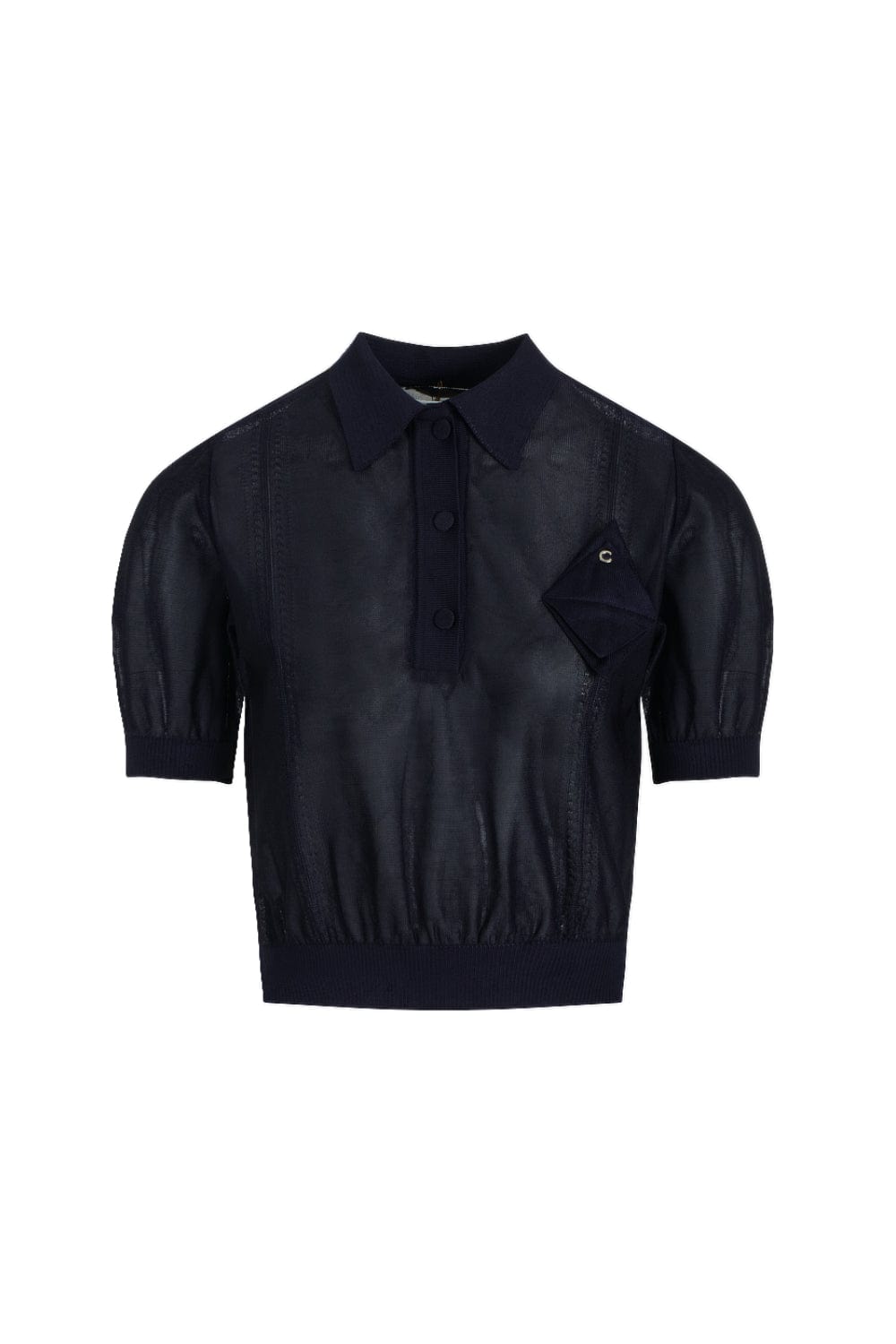 Coven -  Blusa Manga Curta Gola Polo Tricot Organza Azul Marinho